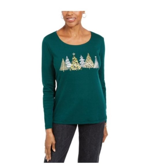 NWT Karen Scott Christmas Tree Long Sleeve Top - Picture 1 of 2